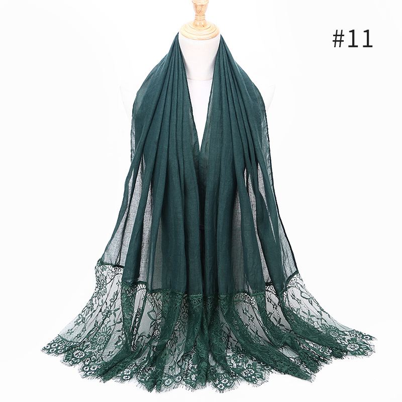 Longue dentelle populaire bords écharpe Hijab femme plaine Maxi châle enveloppement fleur dentelle florale Foulard Viscose coton musulman écharpe Hijabs: 11 dark green