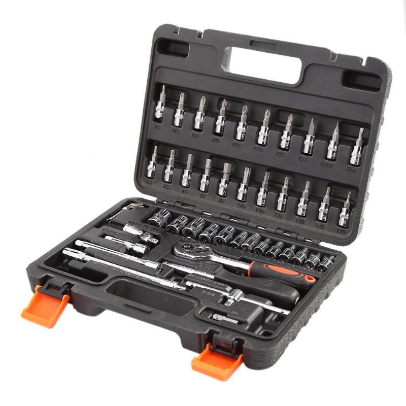 46pcs Socket Ratchet Car Repair Tool Wrench Set Head Ratchet Pawl Socket Spanner Screwdriver Metalworking Tool Kit: Black