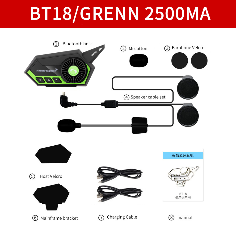 BT-18 Motorhelm Headset Bluetooth Intercom Motorbike Hoofdtelefoon Handsfree Call Bluetooth Intercom Headset: Green
