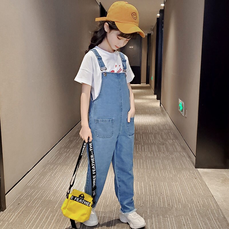 Girls Denim Overalls for Children Casual Kids Girl Jumpsuit Jeans Teenagers Denim Cargo Pants with Straps For Teens