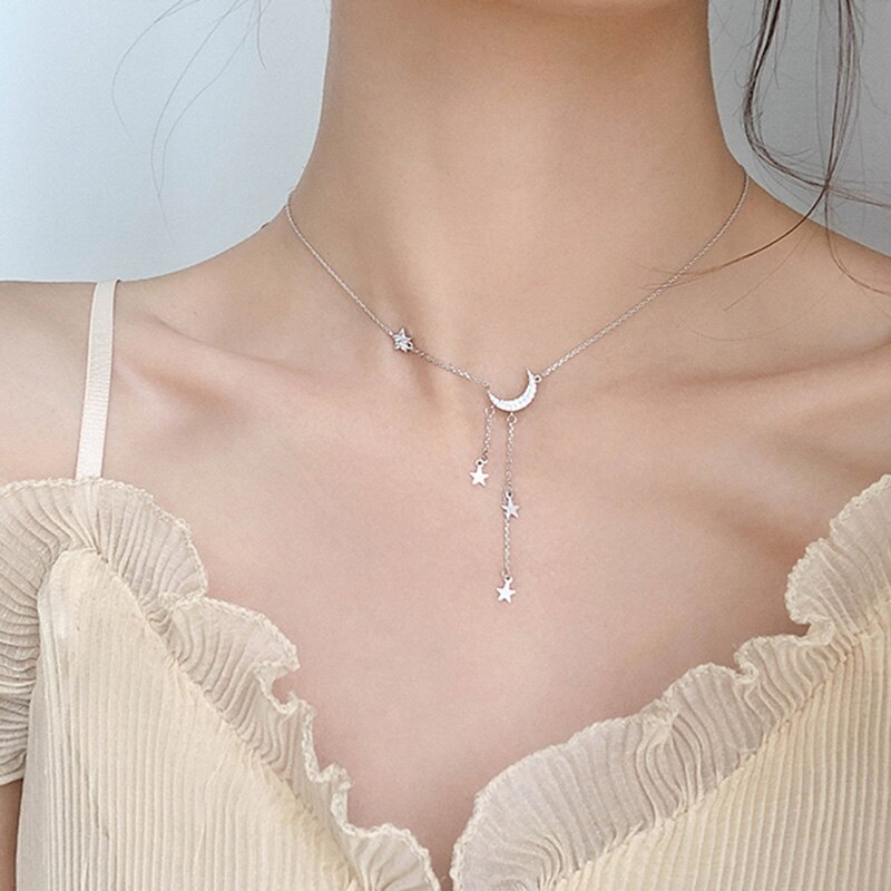 Zoete Zilveren Kleur Ster Maan Kwastje Kettingen Voor Vrouwen Choker Collares Bruiloft Sieraden