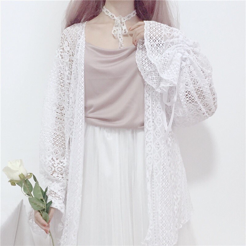 2020 mulheres verão estilo Coreano super fadas rendas lanterna manga solta de manga comprida mid-comprimento protetor solar cardigan: WHITE