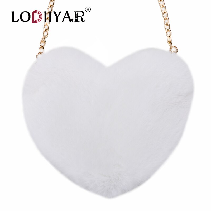 Faux Pelz Herz Tasche Mädchen Lolita Schulter Tasche Plüsch Crossbody Geldbörse Für Frauen Weibliche Rot Herz Perle Kette Handtasche Partei: White