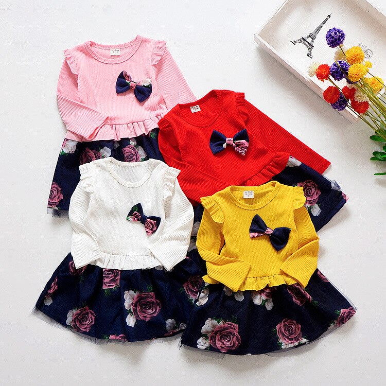 1-4y Bambino Del Bambino Della Ragazza del Vestito di Autunno Del Bambino Vestito Floreale Manica Lunga Per Bambini Vestiti Delle Ragazze di Modo Vestiti