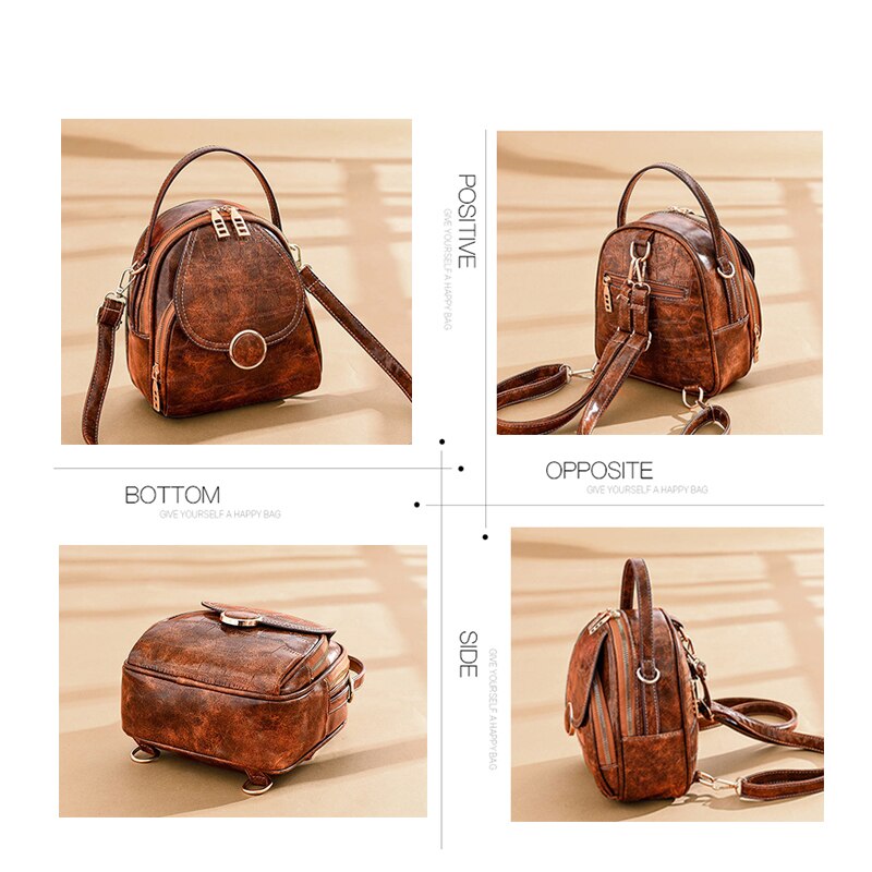 Mochila de couro pu de ombro feminina, multifunção, pequena, para escola, para adolescentes