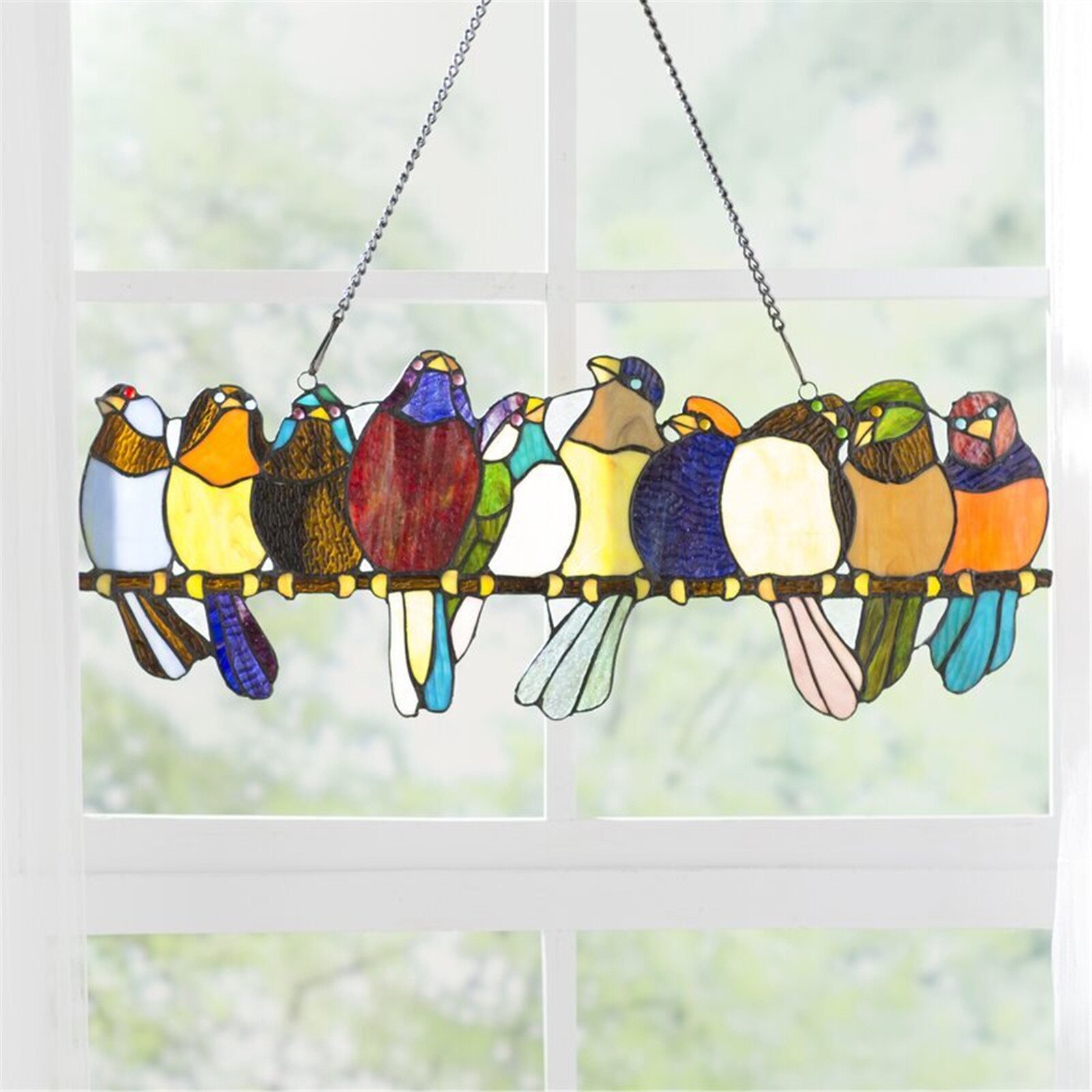 Stained Glass Parrot Birds on a Wire Hanging Window/Wall Panel Glass Wall Decoration with Chain Suncatcher home decoration: Default Title
