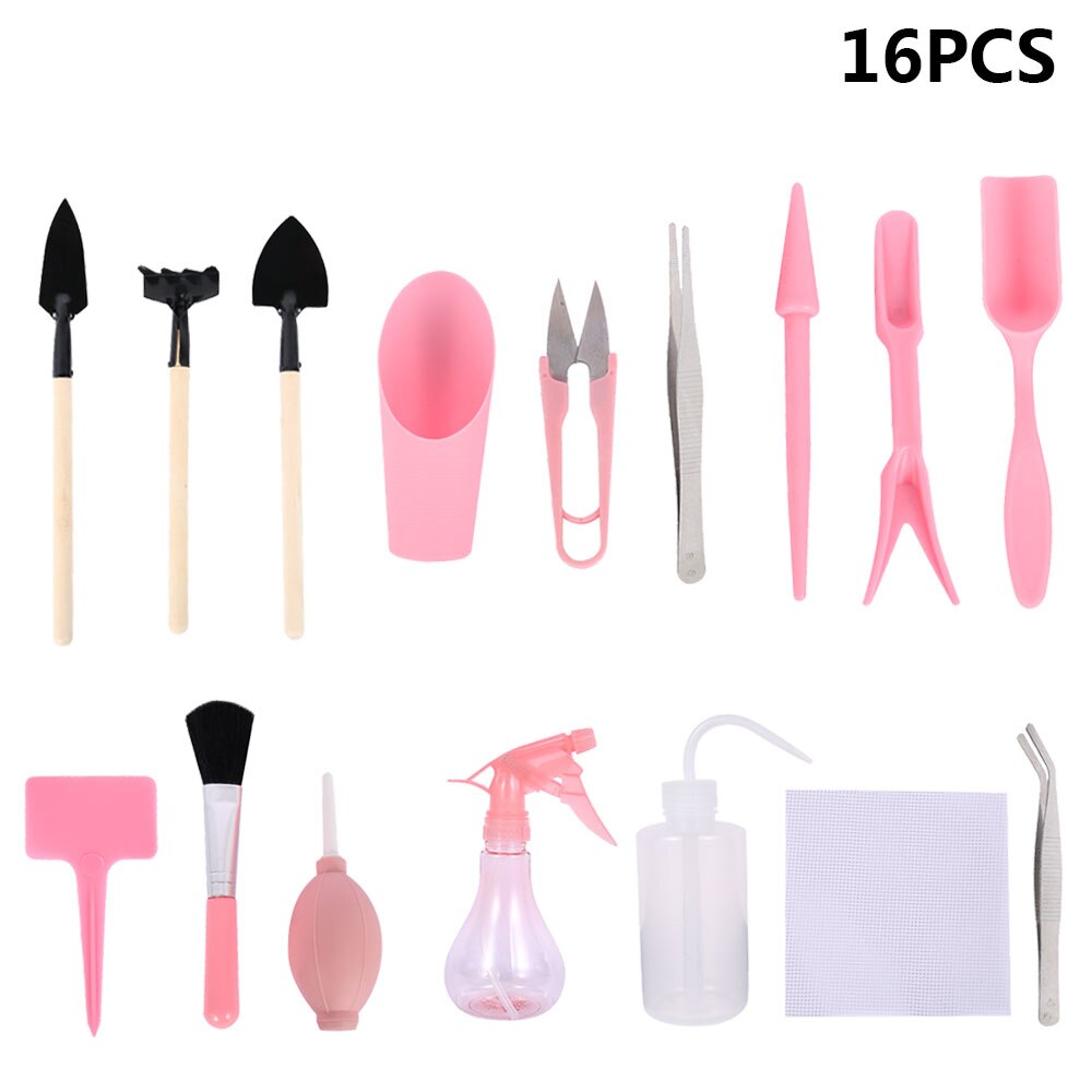 Succulent Planten Gereedschap 16Pcs Mini Tuin Hand Tool Schop Spade Hark Pincet Ketel Succulenten Planten Bonsai Gereedschap: pink