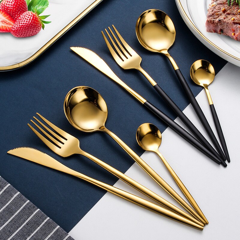 24pcs Gold Dinnerware Set Stainless Steel Mirror Cutlery Set Knife Fork Coffee Spoon Home Tableware Set Upscale Box