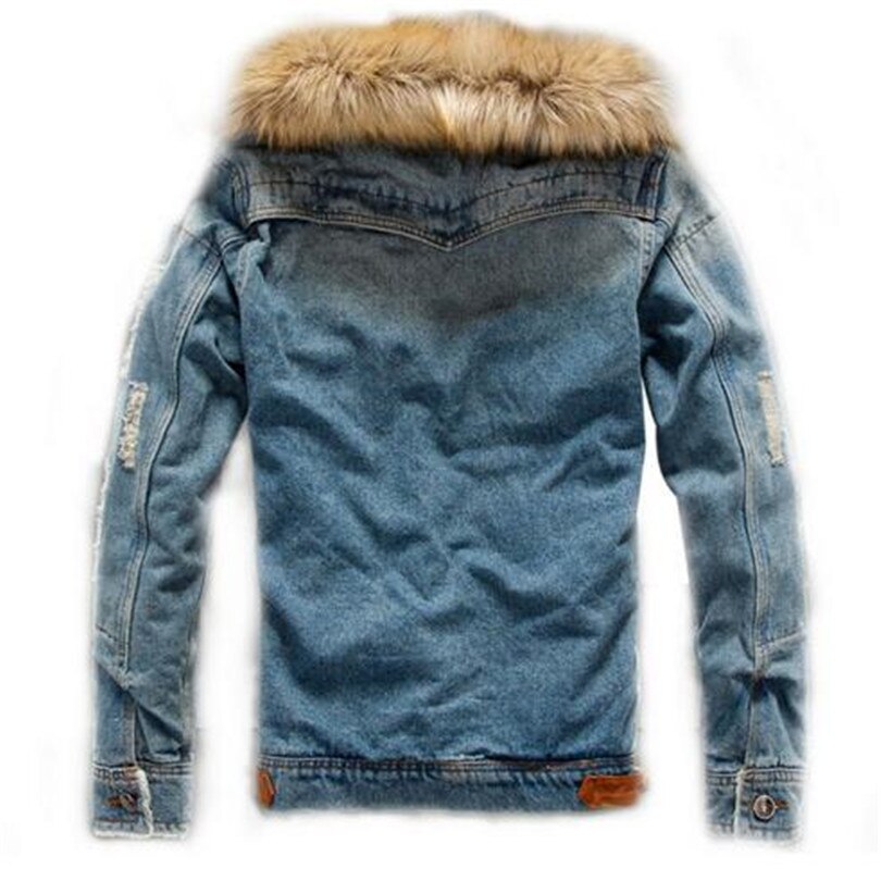 Mens Denim Jacket with Fur Collar Retro Ripped Fleece Jeans Jacket and Coat for Autumn Winter