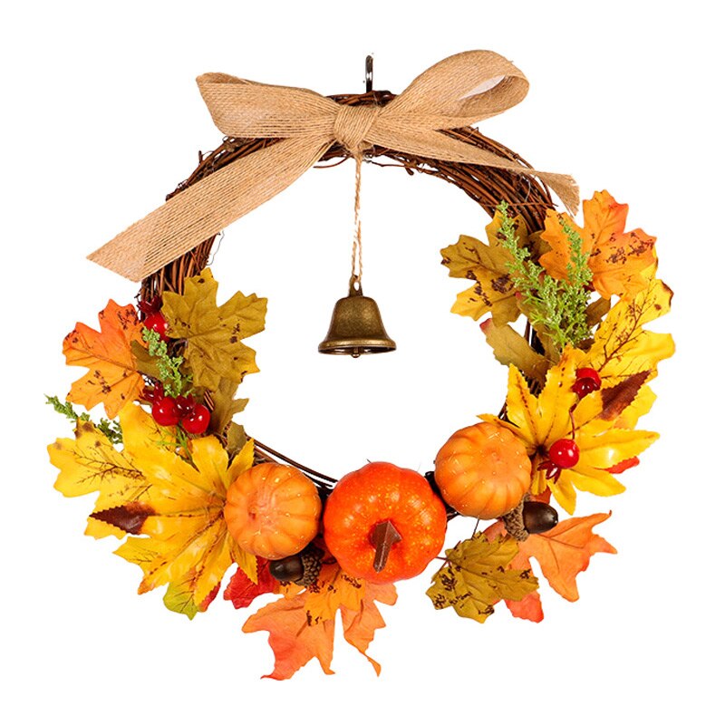 Herfst Leaf Pompoen Krans Met Bell Thanksgiving Halloween Voordeur Home Decor _ Wk