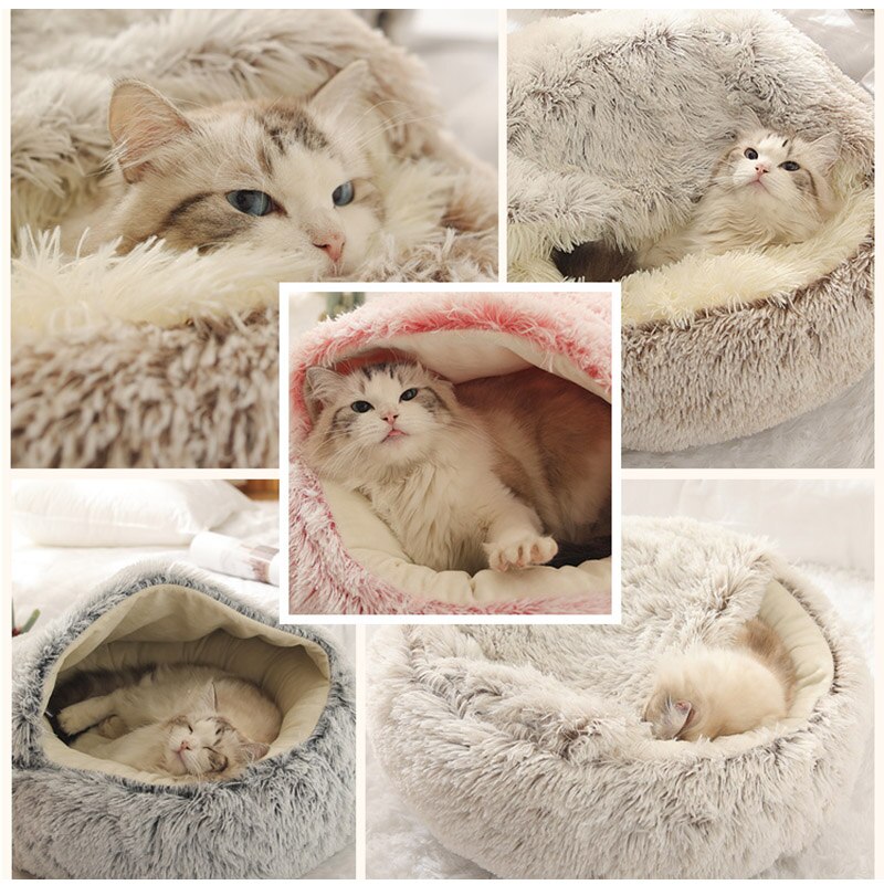 Pluche warme kattengrotbed met capuchon, knus zacht pluche hondenbed, zelfverwarmend knuffelbed, slaapbednest voor honden, katten en puppy's