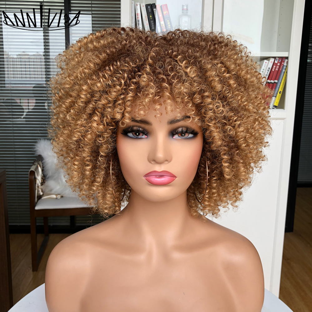 Short Hair Afro Kinky Curly Wigs With Bangs African Synthetic Ombre Cosplay Wigs For Black Women High Temperature