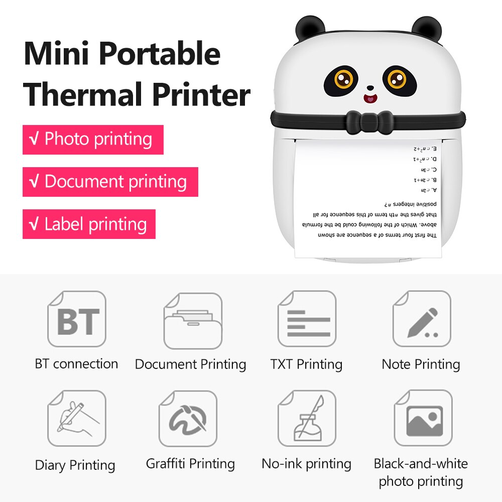 Kids Mini Pocket Printer Portable Thermal Printer BT Cute Appearance Printer w/ Printing Paper for Note Photo Document Printing