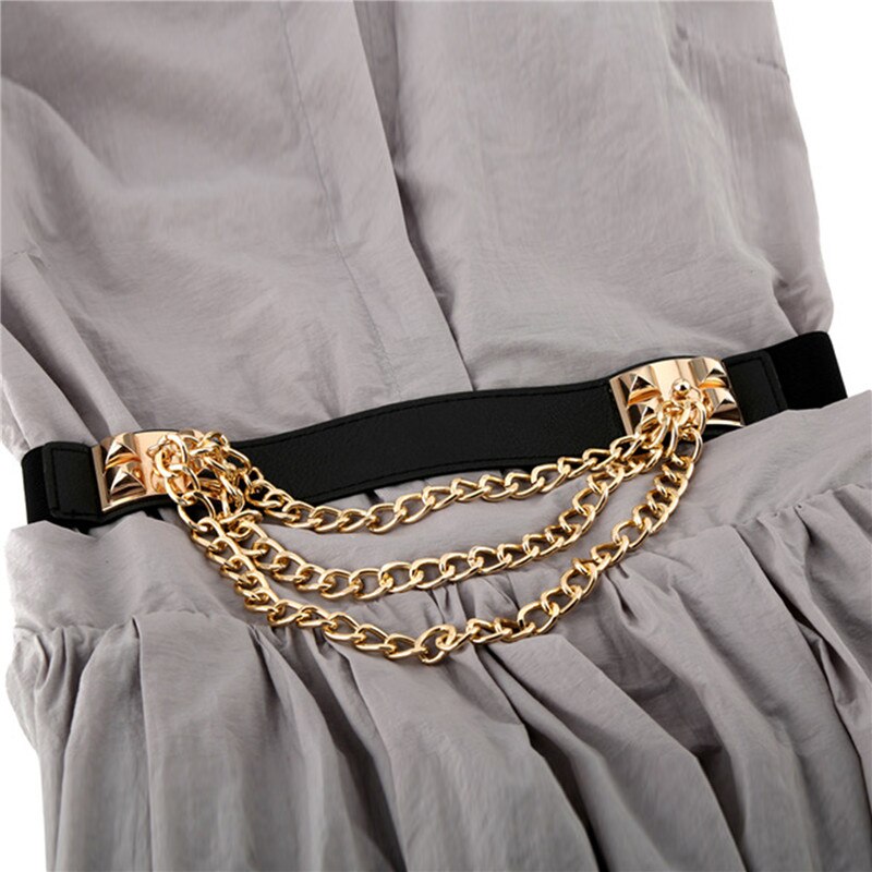 Elastic Dress Belt For Women Rivet Metal Gold Chain Waistband Ladies Leather Female Luxury Waist Punk Belt For Dresses