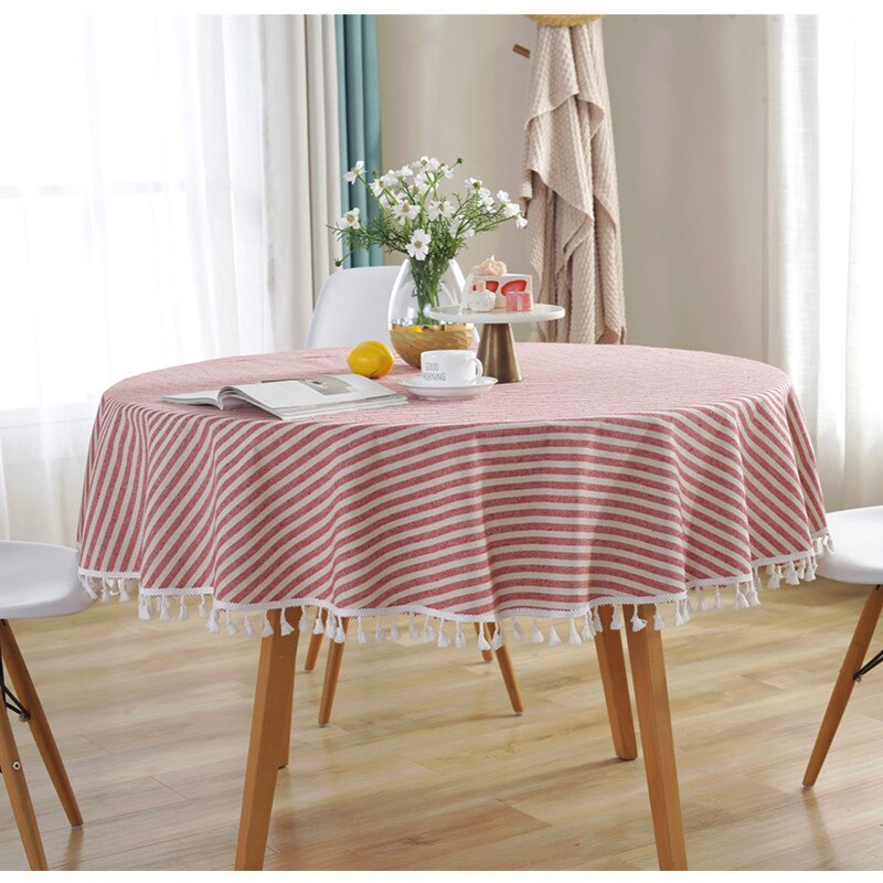 Round Tablecloth 150cm/59'' Stripe Tassel Cotton Linen Table Cloth Table Cover for Home Kitchen Dinning Table Coffee Table Decor: Red ROUND / 100*100cm