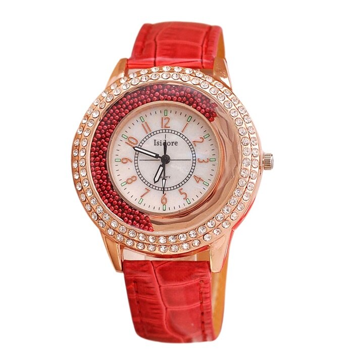 Runer Vrouwen Strass Horloge luxe Lederen vrouwen Horloges Vrouwen Jurk Horloge armband horloge vrouwen: red