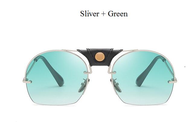 Gafas de sol de de Vintage de corte Semi-sin montura, hombres y mujeres de cuero para Gafas de sol, Gafas de sol con montura metálica, Gafas de sol masculinas Retro: Sliver Green