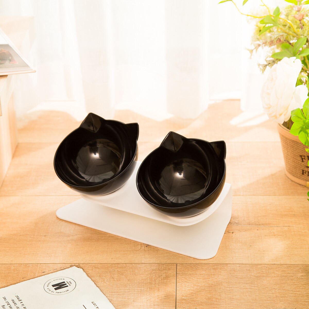 Brand Cat Non-Slip Double Food Bowl with 15° Slant Support Cute Cat-Shaped Bowl with Cervical Protection