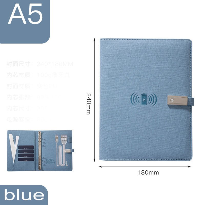 Power Bank – agenda A5 avec chargeur sans fil, 8000 MAh, agenda intelligent, reliure à feuilles mobiles, planificateur spiralé pour bureau: blue
