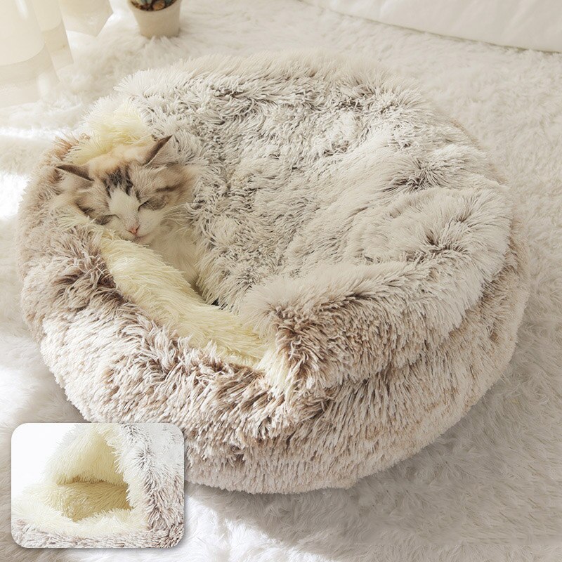 Pluche warme kattengrotbed met capuchon, knus zacht pluche hondenbed, zelfverwarmend knuffelbed, slaapbednest voor honden, katten en puppy's: Koffie lang pluche / 40cm