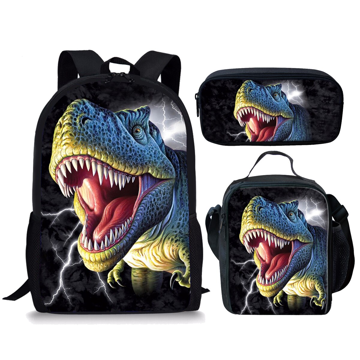 cool T-rex Dinosaurier Schule Taschen einstellen Bookbags für Teenager Jungen 3 stücke Primäbetreffend Rucksack mit Mittagessen Kasten Bleistift Taschen: Z3428CGK