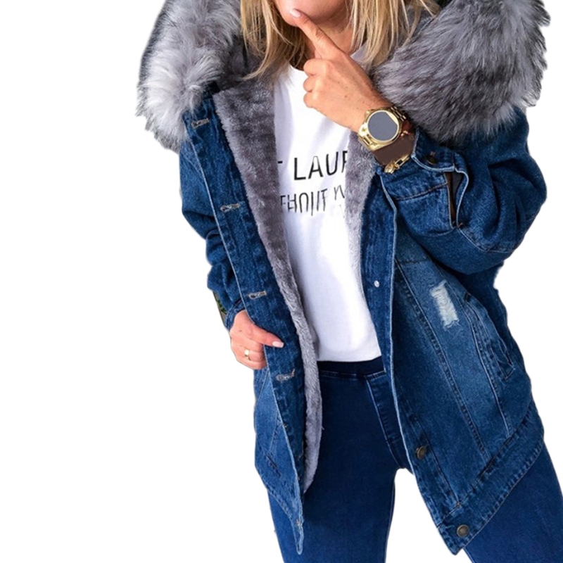Dam vinter varm fluffig krage huva jeansjacka tjock plyschfodrad varm långärmad jeansjacka buttondown överdimensionerad lös jacka: Xxl / Blå