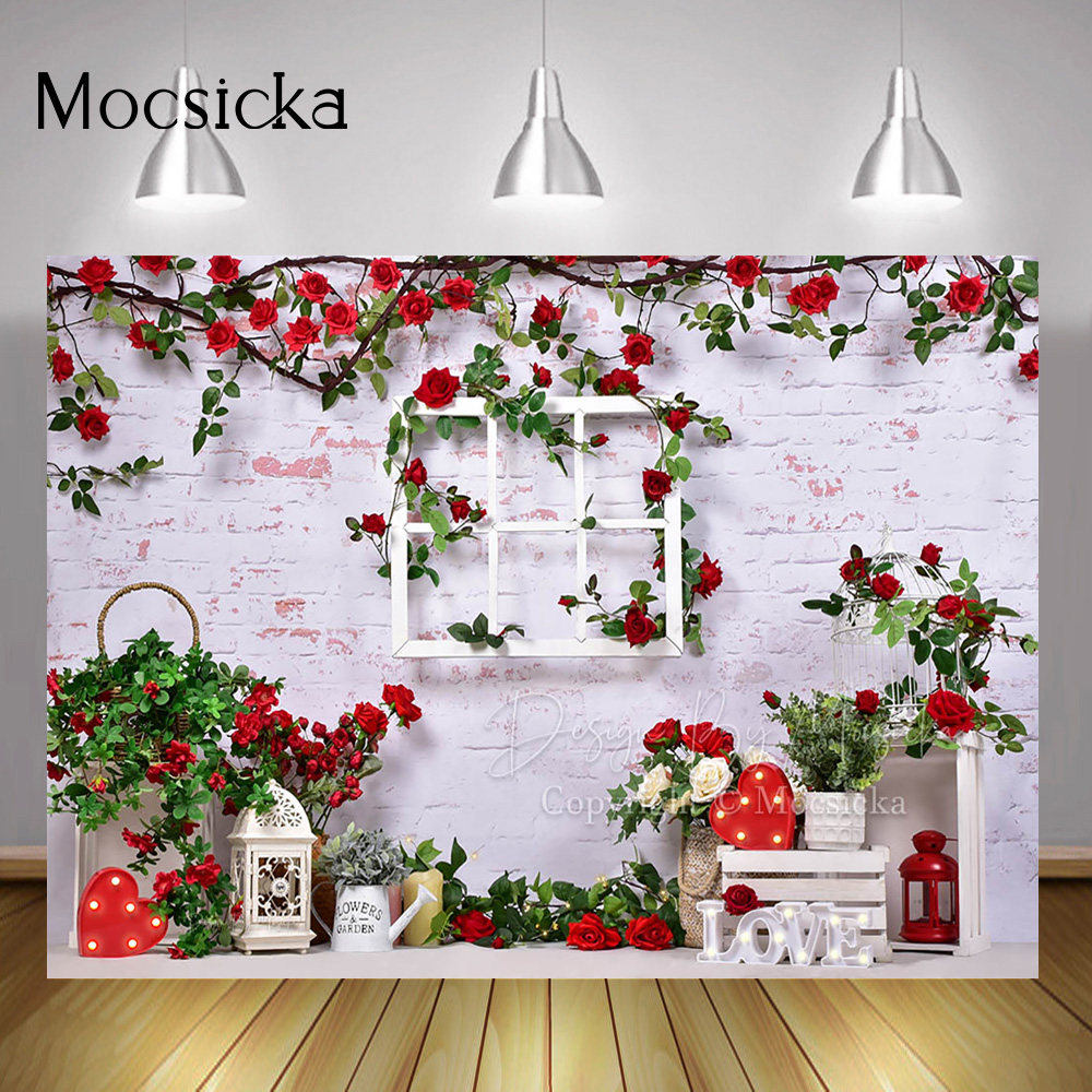Valentine's Day Photography Backdrop Romantic Red Rose Wedding Portrait Background Photo Window Love Bridal Shower Photocall