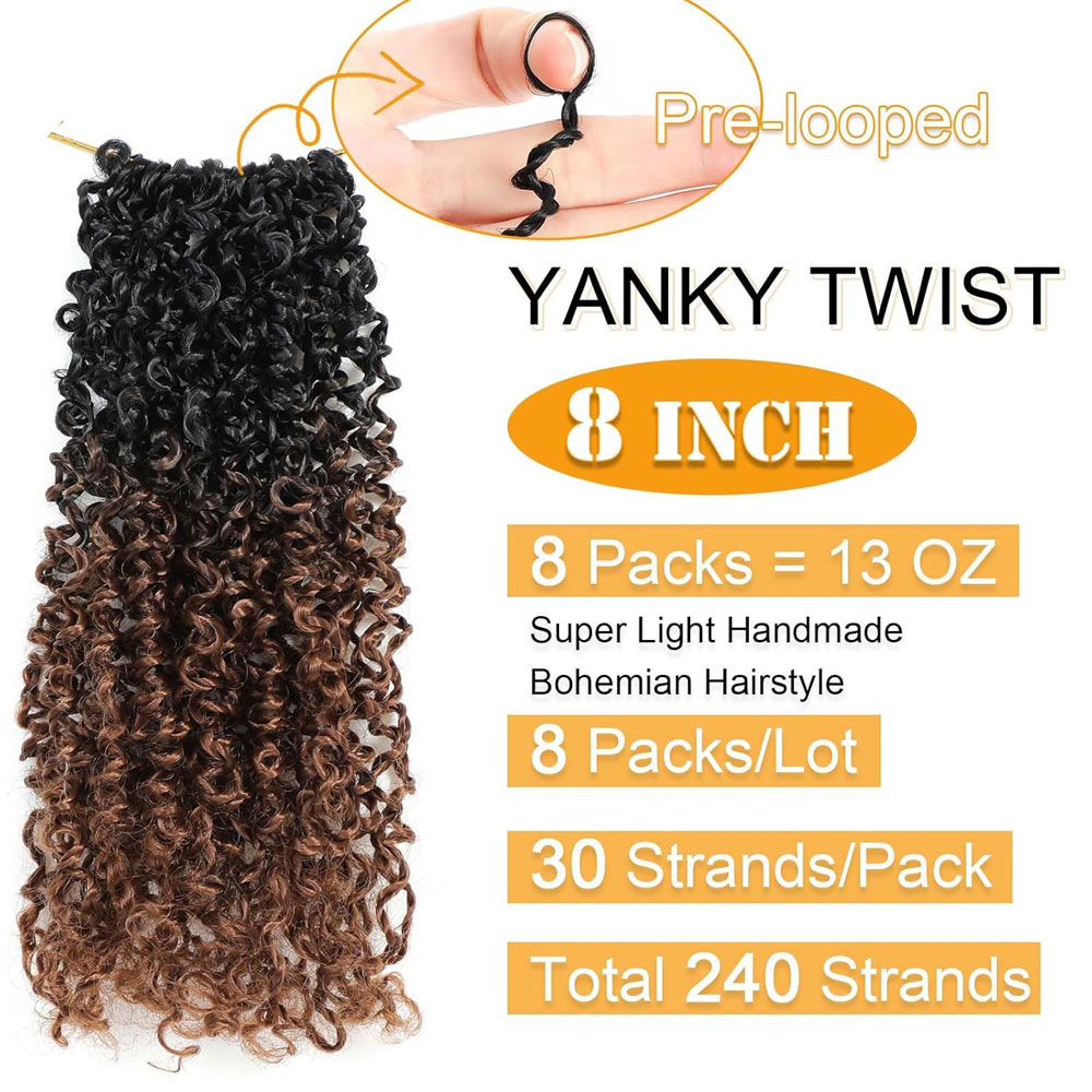 Yanky Twist Crochet Hair pour femmes noires, cheveux synthétiques pré-bouclés, cheveux au crochet marron ombré, extrémités bouclées, Yank Twist, 8 po