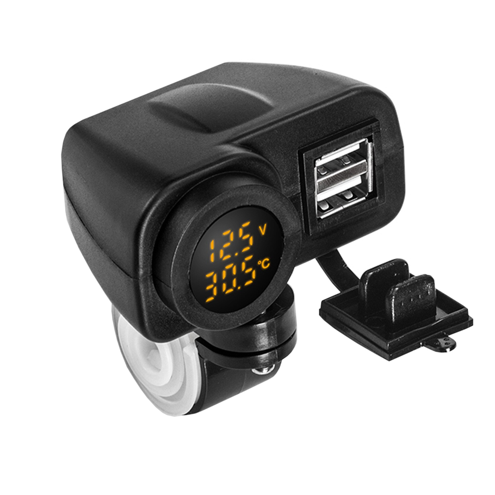 Chargeur usb double étanche pour moto 5v en 4.2a et voltmètre avec affichage de la tension et de la température pour montage sur guidon 7/8 et 1 "