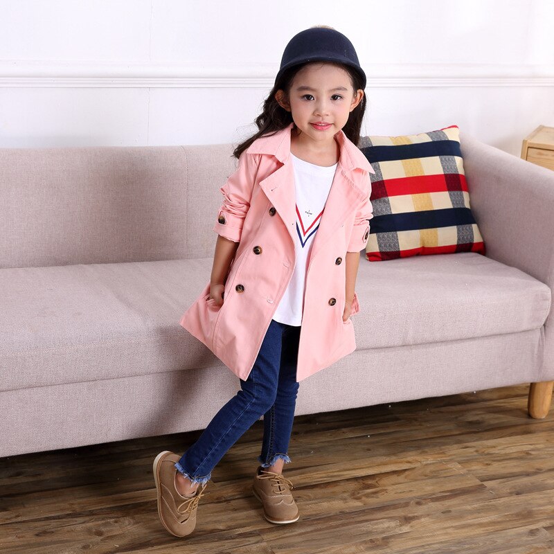 SpringChildren's Clothing Double Breasted Long Cotton Children's Jacket Girls Windbreaker Autumn Kids Outerwear Children Clothes: Pink / 2T