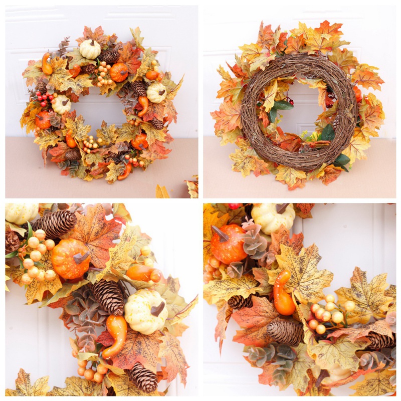 Artificial Wreath Garland Rattan Frame With Pumpkin Berries Pine Cone And Maple Leaves Halloween Thanksgiving Autumn D