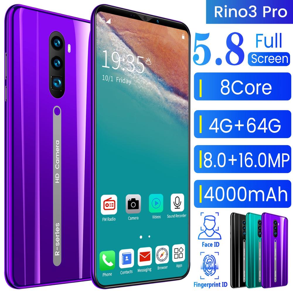 Rino3 Pro 5.8 Inch Scherm Android Telefoon Purple Water Screen Smartphone Effen Kleur Mobiele Telefoon Cool Vorm