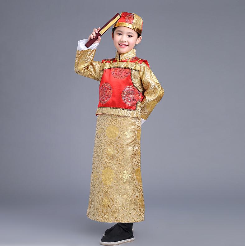 Chinois ancien empereur Prince Costume enfants Robe de jeu théâtrale Robe Photo Qing dynastie garçon Robe dramaturgique: 1 / S