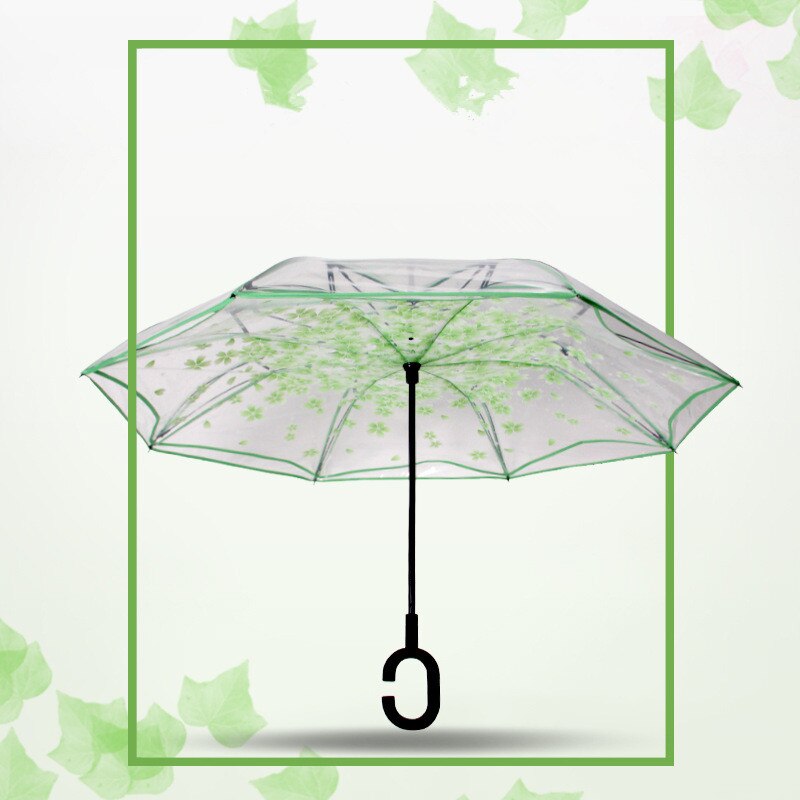 Gennemsigtig vindtæt omvendt foldning dobbeltlags paraply omvendt selvstående regnbeskyttelse c-krog hænder paraply til bil: Grøn