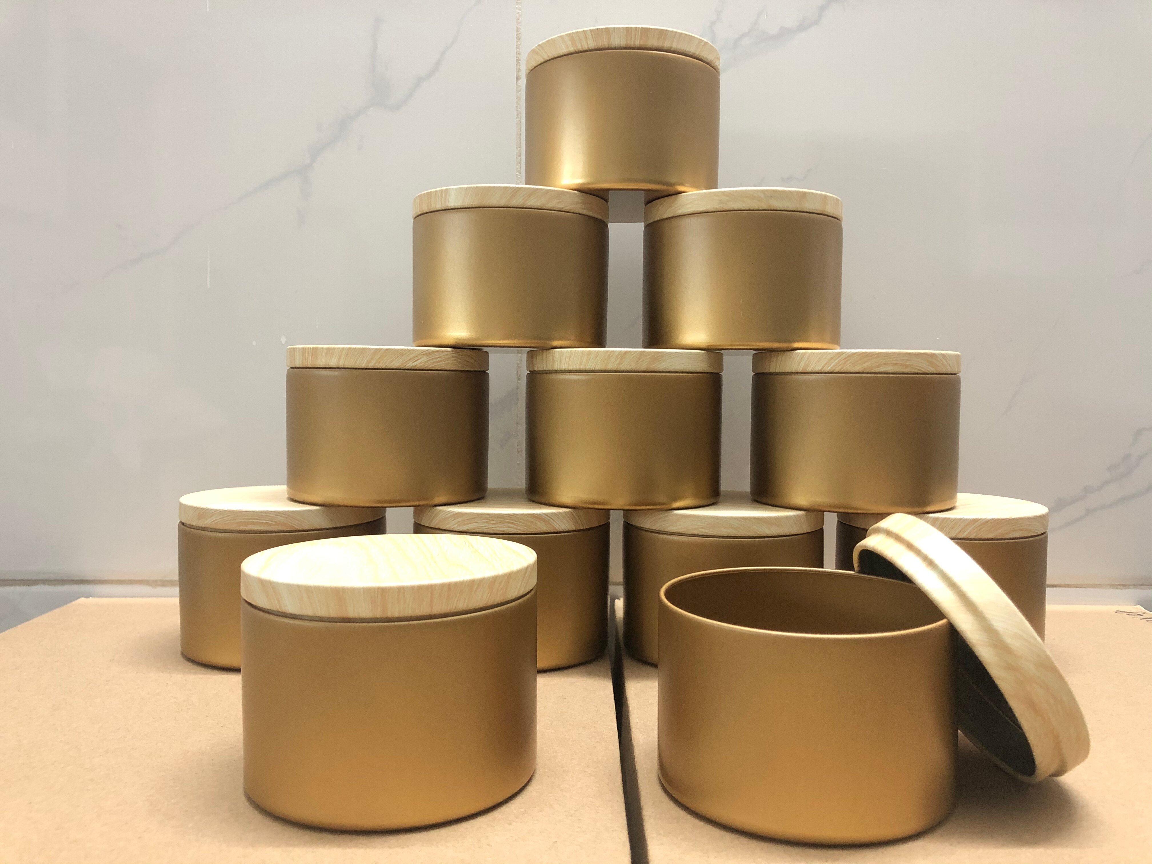 8oz Luxury Candle Jars with Wood Pattern Lid Bulk Round Candle Container Tins Empty Candy Storage Box Cosmetic Pot Black Gold: 12pcs gold