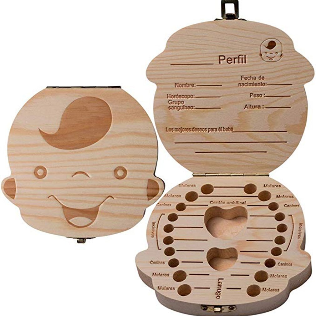 Fallen Tooth Box Storage English Spanish RussianText Little Boy Girl Wood Case Save Milk Teeth Collection Organizer Holder