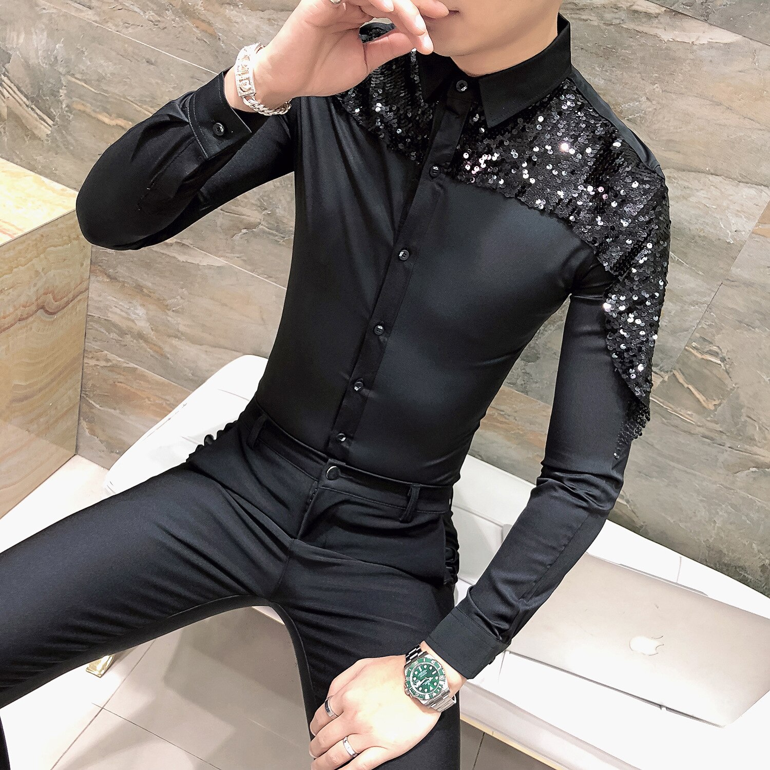 Koszula męska marki szczupły dopasowanie, koreańska, z cekinami, z długim rękawem, na co dzień, robić klubu nocnego, na imprezę, na studniówkę, na ramiączkach