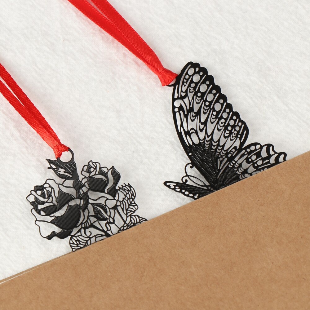 Beautiful Hollow Metal Bookmark With Red Strap Students Stationery Chinese Style Black Leaf Butterfly Feather Book Markers