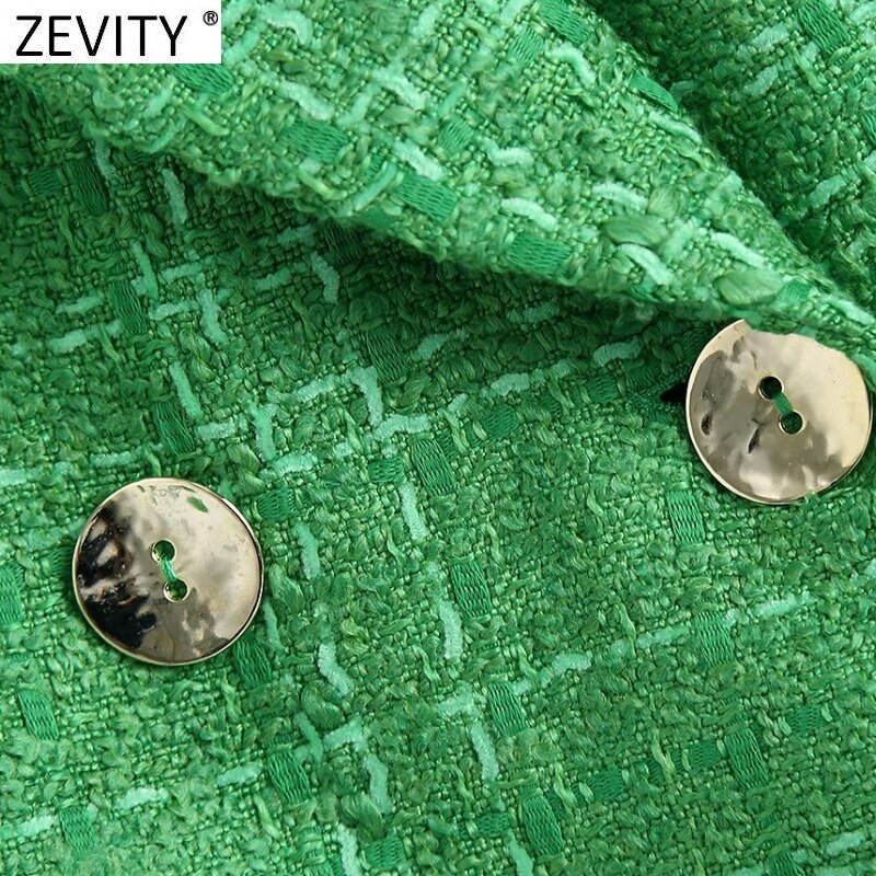 Zevity-Chaqueta de lana de Tweed para mujer, ropa de estilo inglés con doble botonadura, verde, Vintage, manga larga, trajes Chic, Tops CT695