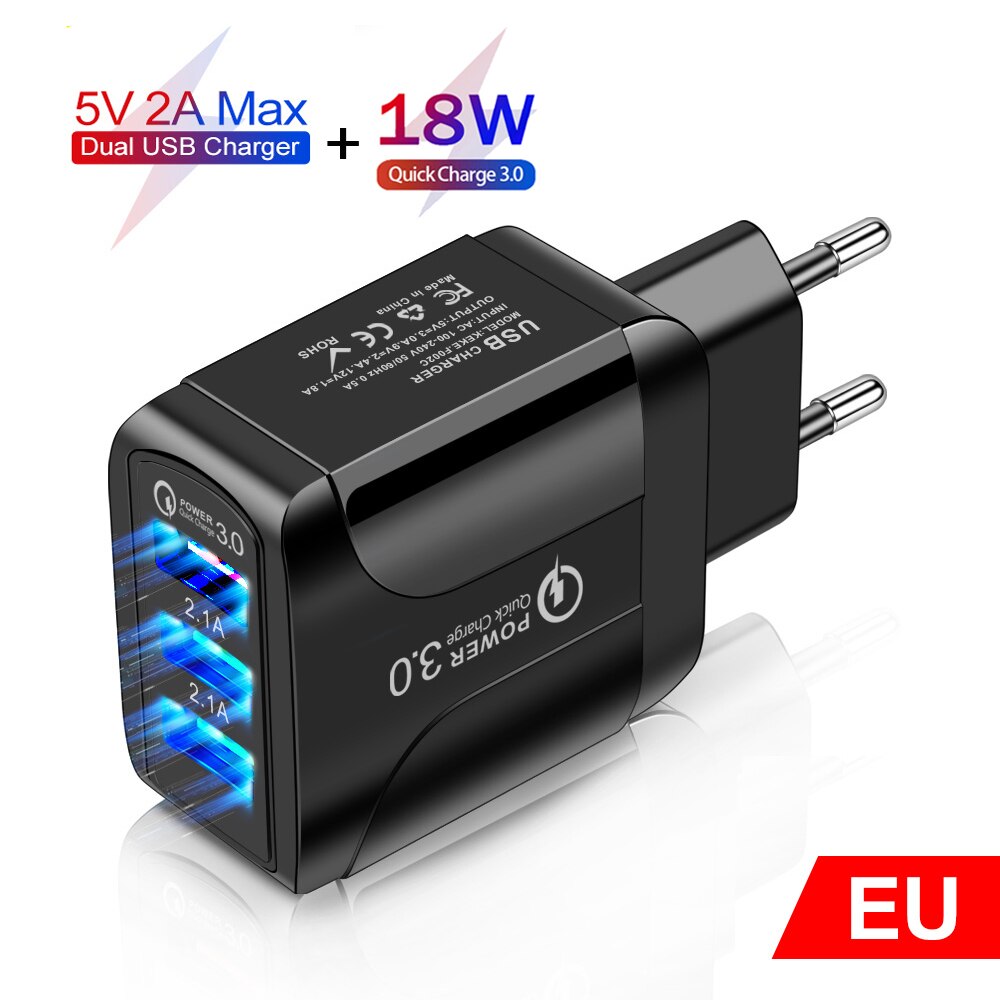 AIXXCO 5V 2A EU Plug LED Light 2 USB Adapter Mobile Phone Wall Charger Device Quick Charge QC 3.0 Mobile Charger Fast Charger: 3USB-QC3.0-Black