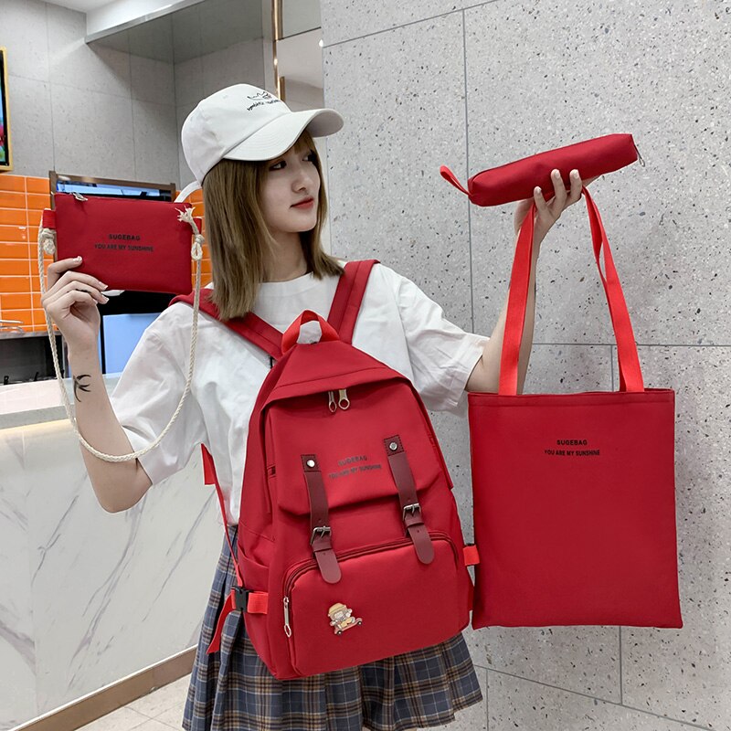 4 pièces ensemble lycée sacs pour adolescentes toile voyage sac à dos femmes bookbag adolescent étudiant cartable Bolsas Escolar: Red