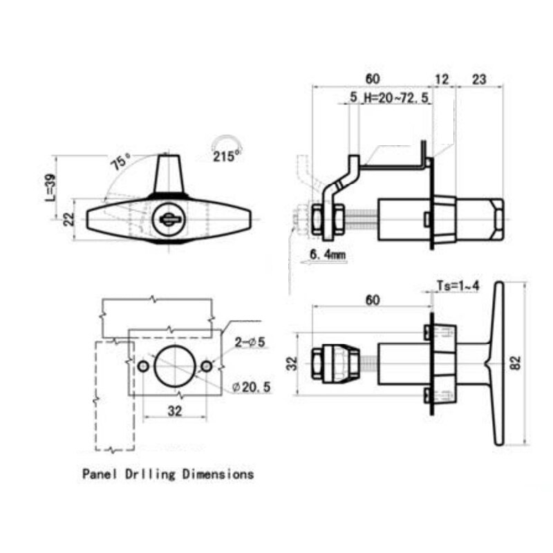 Front Fixing Handle Lock Tool with Keys T-Shape Lock Zinc Alloy with Key Parts Set Kit for Caravan
