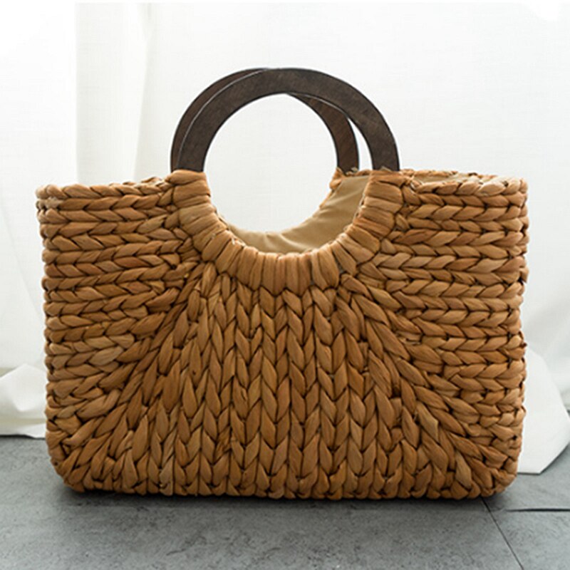 Women's Straw Tote Bag - Large Capacity Shoulder Shopping Beach Travel Bag - Wood Handle