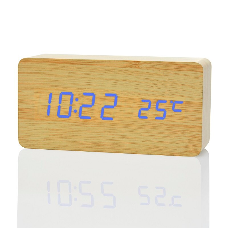 Suncree Modern Home LED digital Alarm Clock, Despertador Temp+date+time Electronic Digital Table Desktop Clocks: bamboo blue