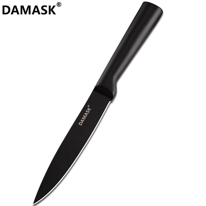Damask sort rustfrit stål køkkenkniv belægning non-stick skarpt blad kokkeknive letvægts håndtag køkkenkniv sæt: 5 tommer nytte