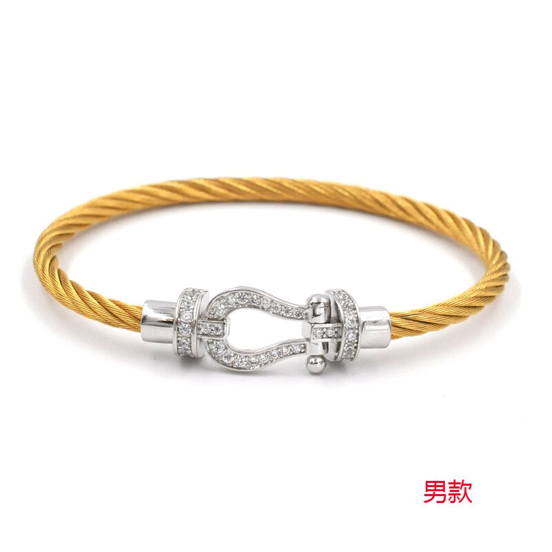 Titanium Steel Wire Rope Magnetic Buckle-encrusted Zircon Bracelet: Gold Silver Men