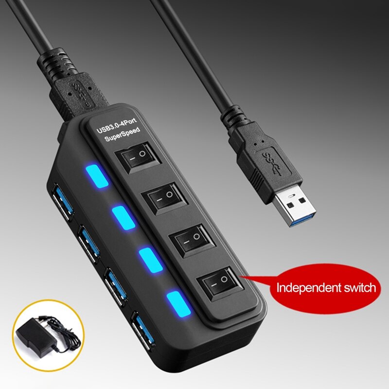 USB Hub 3.0 Splitter,4 Port USB Data Hub with Individual LED Lit Power Switches for Computers