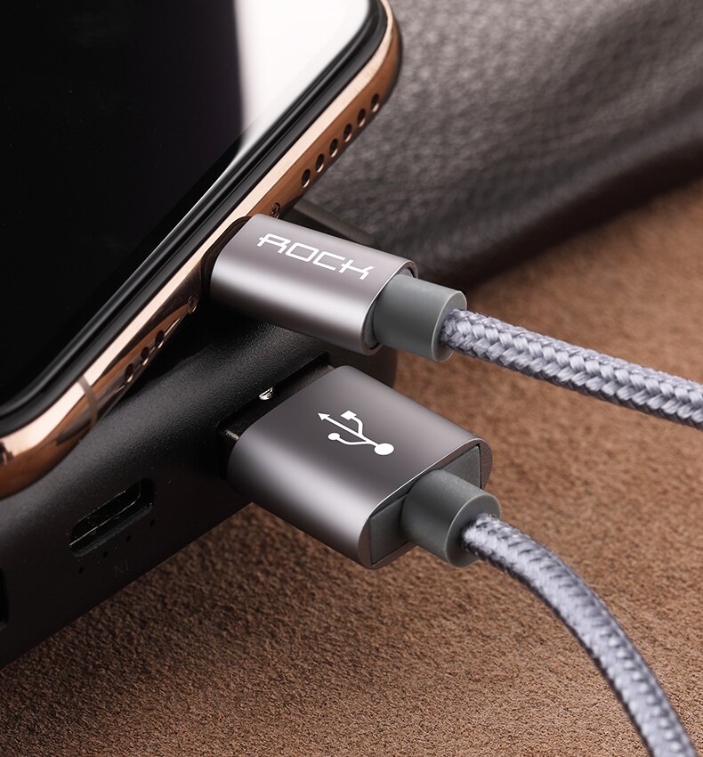 Rock 3.1A Metalen Nylon Gevlochten Telefoon Kabel Voor Iphone Snelle Oplader Verlichting Usb Kabels Voor Iphone 11X8 7 6 Pro Max Plus Ipad: Grey / 0.25M