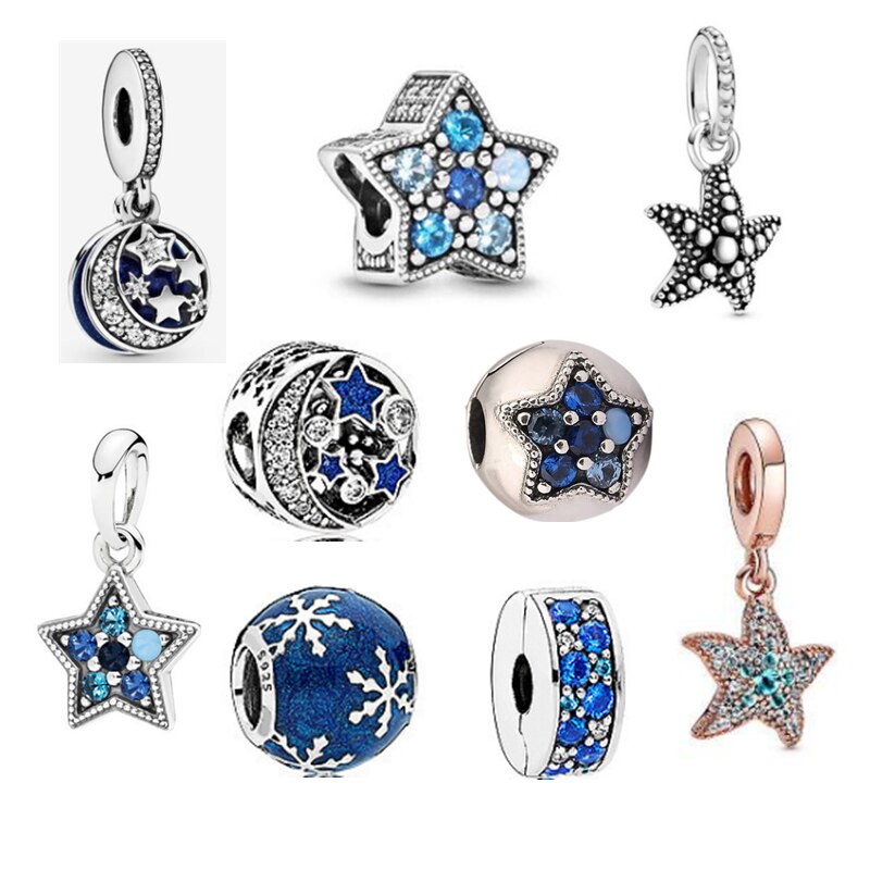 925 Sterling Silver Beads Charms Blue Crystal Starfish Star Dangle Charm Fit Original Pan Bracelet For Women DIY Jewelry