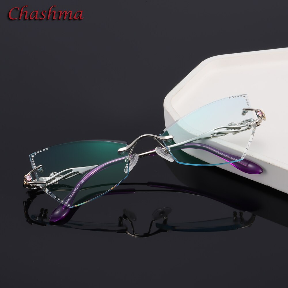 Chashma Brand Tint Lenses Sunglasses Titanium Eyewear Female Diamond Crystal Trimmed Glasses Frame Cat Eye Rimless Glasses Woman